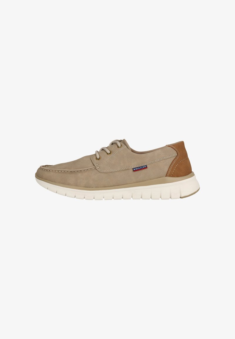 Beige-nahkakengät ruskeilla yksityiskohdilla, nauhakiinnitys, pehmustettu valkoinen pohja ja näkyvät saumat, joissa on logotunnus sivulla.