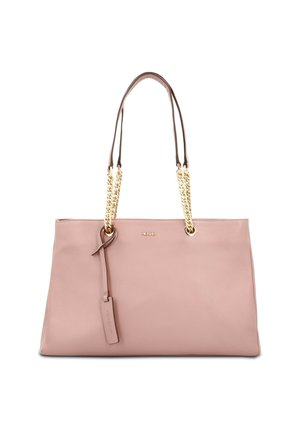 Pink leather tote bag with dual shoulder straps featuring gold chain accents, a smooth texture, and a small tag attached for detail.