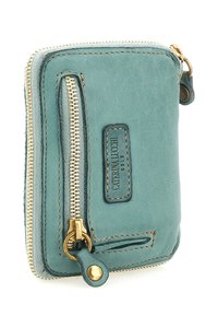 Portafoglio quadrato in pelle turchese con cerniera dorata, tasca frontale con cerniera e etichetta "Caterina Lucchi Gold".