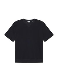 Tricou negru cu mânecă scurtă, realizat din material texturat, cu un guler rotund și o margine dreaptă. Fără modele sau accente vizibile.