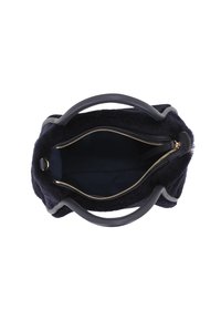 Navy fur handbag with gray leather accents, a round handle, and a gold zipper opening to a blue interior. Textured exterior, soft material.