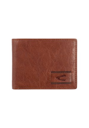 Braune Lederbörse mit strukturiertem Finish, ausgestattet mit einem kleinen Logopatch und gestickten Details am Rand. Bi-Fold-Design.