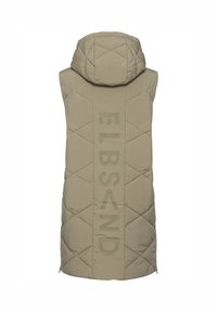Beige ärmellose Pufferweste mit Kapuze, Rautensteppung und einem vertikalen Logo "ELBSAND" in einem dunkleren Farbton auf der Rückseite.