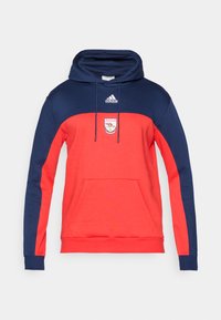 Sweatshirt com capucho, apresentando um corpo vermelho com mangas azul-marinho, bolso frontal e logótipo da Adidas acima do emblema da equipa Arsenal.