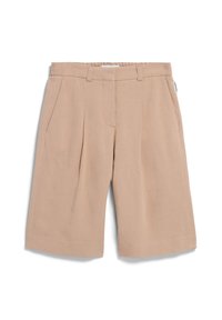 Beige Leinen-Shorts mit einer entspannten Passform, ausgestattet mit vorderen Falten und Seiten Taschen, entworfen für Komfort und Atmungsaktivität.