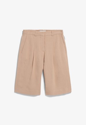 Pantaloni corti in lino beige con una vestibilità relaxed, dotati di pieghe frontali e tasche laterali, progettati per comfort e traspirabilità.
