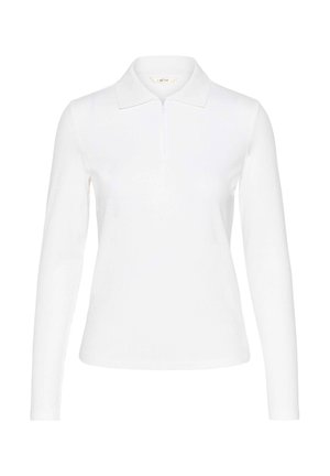 Bílá dlouhá polo košile s límcem na zip, se žebrovanou texturou a přiléhavým střihem, vyrobená z hladkého, elastického materiálu.