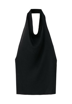 Top negru fără mâneci, cu guler halter, decolteu adânc rotund și material lejer, drapat.