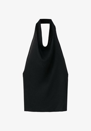 Top negru fără mâneci, cu guler halter, decolteu adânc rotund și material lejer, drapat.