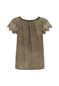 Kortærmet, olivengrøn bluse i blødt stof med broderede blonder på ærmerne og en rynket halsudskæring for en løs pasform.