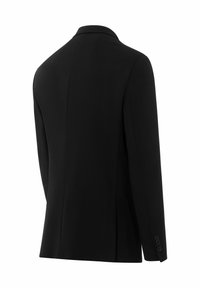 Schwarzer Blazer, maßgeschneiderte Design mit glatter Textur. Verfügt über einen Reverskragen, einen einzelnen Schlitz und knöpfbare Manschetten. Rückansicht gezeigt.