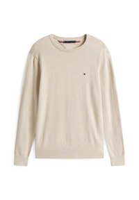 Pull beige à manches longues avec col rond, orné d'un petit logo Tommy Hilfiger sur la poitrine et de poignets et d'un ourlet côtelés.