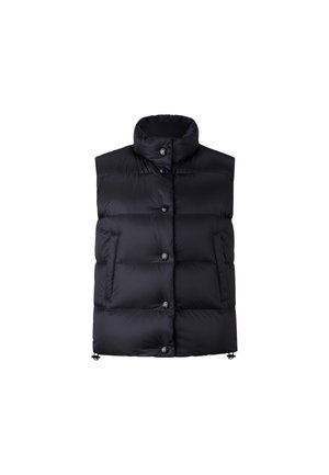 Schwarze Steppweste mit hohem Kragen, vier vorderen Knöpfen und zwei seitlichen Taschen; glatte Textur und gestepptes Design mit einer voluminösen Silhouette.