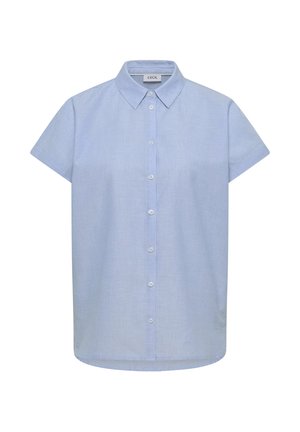 Hellblaues kurzärmeliges Hemd mit Knöpfen, spitzem Kragen, sieben weißen Knöpfen vorne und einem "Cecil"-Etikett im Kragen.