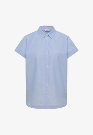 Hellblaues kurzärmeliges Hemd mit Knöpfen, spitzem Kragen, sieben weißen Knöpfen vorne und einem "Cecil"-Etikett im Kragen.