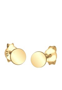 Pendientes de stud chapados en oro con una superficie circular suave y un acabado pulido. Marcados con "925" que indica el contenido de plata en la parte posterior.