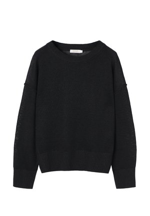 Pull noir en tricot à col ras du cou avec manches longues et poignets et ourlet côtelés, présenté sur un fond blanc.