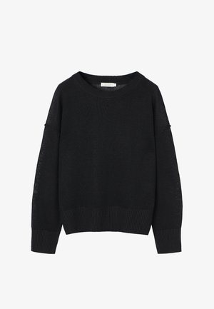 Pull noir en tricot à col ras du cou avec manches longues et poignets et ourlet côtelés, présenté sur un fond blanc.