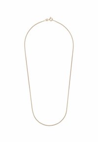 Collar de cadena tono dorado con una textura delicada y suave. Presenta un cierre de gancho simple. Forma redonda y elegante con eslabones uniformes en toda su longitud.