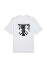 Biała bawełniana koszulka z dużym czarnym logo "PUMA" i grafiką koszykówki na środku przodu. Krótkie rękawy i okrągły dekolt.