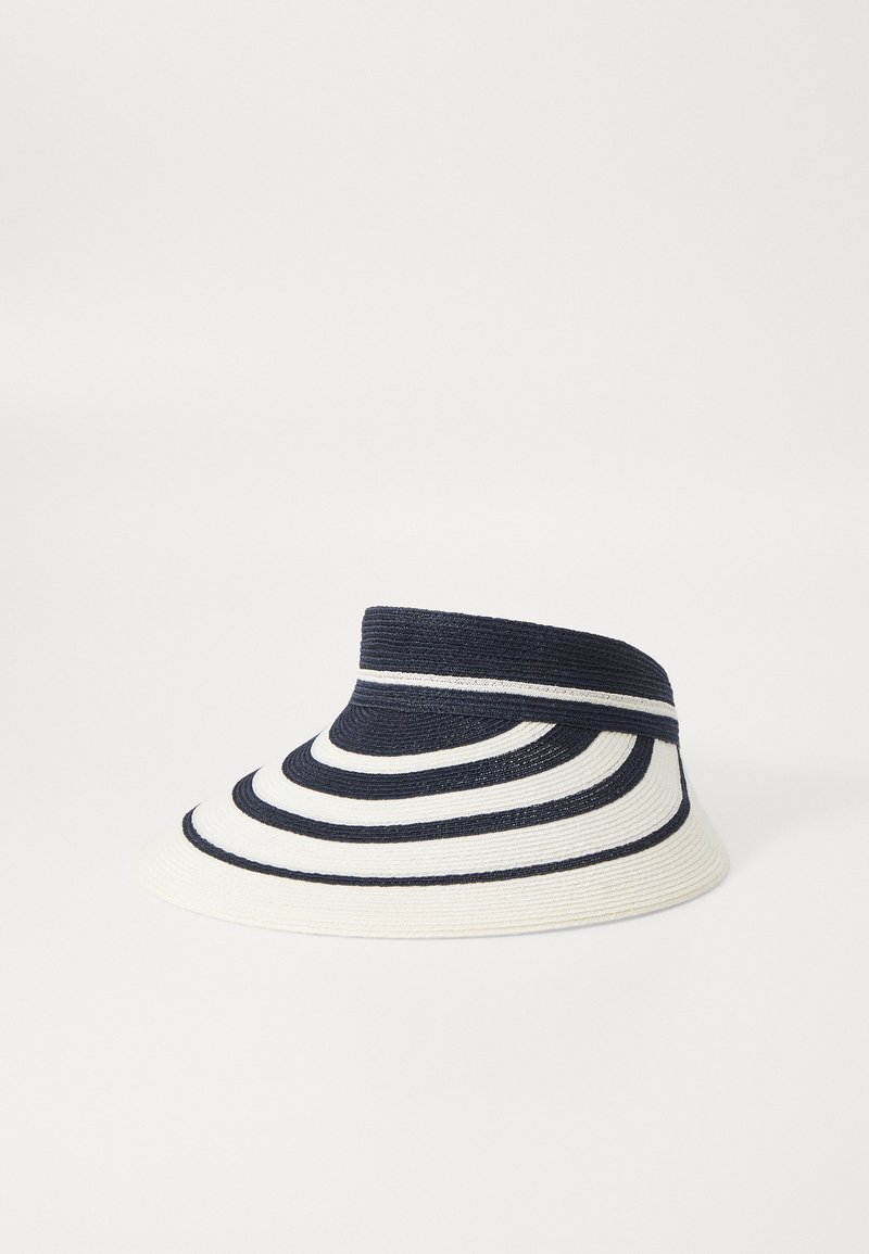 Gorra de visera de sol a rayas en azul marino y blanco con una forma cónica ancha y material texturizado tejido. Cuenta con una banda oscura gruesa en la base.