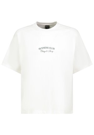 White short-sleeve T-shirt with black text "RUNNERS CLUB Classy & Strong" centered on the chest, crew neckline, and loose fit.