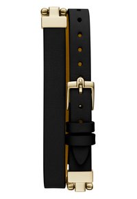 Black leather strap with gold-tone hardware, featuring a smooth texture and a double loop design, adjustable with multiple size holes.