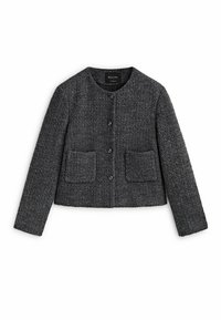 Veste en tweed gris texturé avec un col rond, une fermeture à boutons et deux poches frontales. Elle présente des manches longues et une coupe courte.