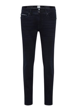 Dunkelblaue Jeans aus Denim mit einem slim fit. Zu den Merkmalen gehören ein klassisches Fünf-Taschen-Design, kontrastierende Nähte und ein Reißverschluss mit Knopfverschluss.