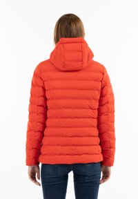 Jachetă puffer roșie cu glugă, cu secțiuni cusute orizontal și o textură netedă, rezistentă la apă. Poartă blugi albaștri.