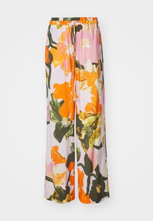 Bredbente bukser med et farverigt blomstermønster i nuancer af orange, pink og grøn. Fremstillet af letvægtsstof med en elastisk talje.