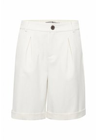 Pantaloni shorts beige chiaro con vestibilità su misura, caratterizzati da pieghe frontali, chiusura con un solo bottone e risvolti per un aspetto pulito.