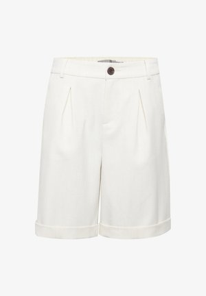 Light beige shorts with a tailored fit, featuring front pleats, a single button closure, and rolled cuffs for a clean finish.