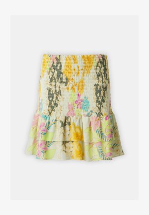 Smocked floral skirt in yellow, green, and pink hues; features ruffled hem and varied botanical patterns; soft, lightweight fabric.