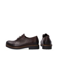 Braune Oxford-Lederschuhe mit abgerundeter Spitze, Schnürdesign und einer niedrigen Gummisohle. Nahtdetails entlang der Sohle.