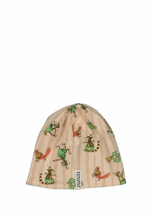 Beige stribet hue med tegneserie katte og egern, der holder nødder, og grønne blade spredt rundt, mærket Cecamora Collection.