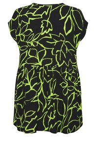 Tunic nera con un vivace motivo a foglia verde, maniche corte e vita arricciata per un fit rilassato. Tessuto morbido e leggero.