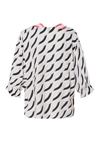 Blouse ample à manches mi-longues avec un motif ondulé noir et blanc, souligné par un col rose et des ourlets de manches froncés.