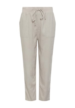 Lys beige linnedbukser med elastisk linning, snøretov og to forlommer med påsyede lommer, vist forfra.