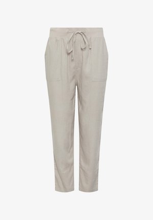 Lys beige linnedbukser med elastisk linning, snøretov og to forlommer med påsyede lommer, vist forfra.