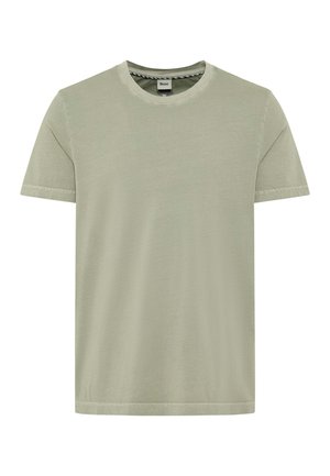 Light green cotton T-shirt with a round neckline, short sleeves, and subtle stitching details on the hem and sleeves.