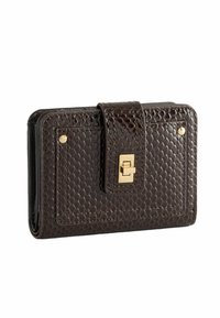 Brown textured wallet with a snake-skin pattern, gold hardware clasp, and decorative stitching. Compact, rectangular shape.