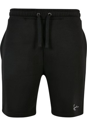 Shorts en mélange de coton noir avec une taille élastique et un cordon de serrage. Comprend des poches latérales et un petit logo blanc en bas de la jambe gauche.