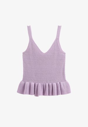 Liliowy dziergany top bez rękawów z dekoltem w serek i falbaną na dole, z teksturowanym wzorem na całej tkaninie.