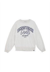 Ljusgrå sweatshirt med långa, ballongformade ärmar. Har marinblå texten "SUNSET BEACH CLUB" och "JOIN FOREVER." Mjuk tyg.