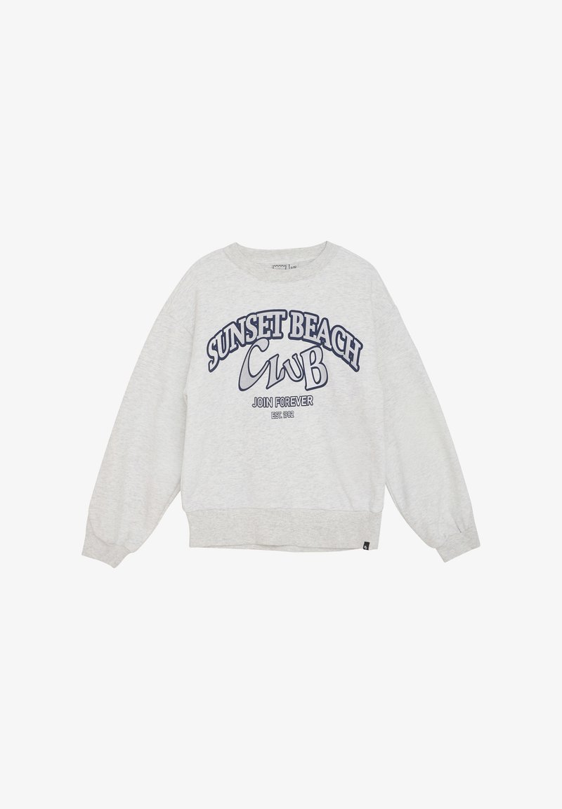 Ljusgrå sweatshirt med långa, ballongformade ärmar. Har marinblå texten "SUNSET BEACH CLUB" och "JOIN FOREVER." Mjuk tyg.