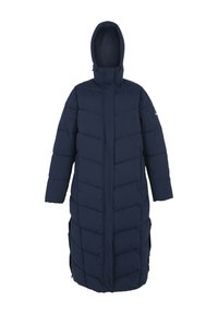 Long manteau d'hiver matelassé bleu marine avec fermeture éclair intégrale à l'avant, manches longues, col montant et capuche attachée.