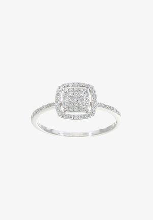 Silberner Ring mit quadratischem Halo-Design, besetzt mit kleinen Diamanten, glattem Band und zusätzlichen Diamanten entlang des Schenkels.