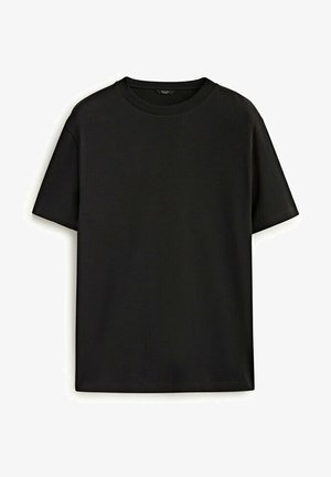 Black cotton t-shirt with a classic crew neck, short sleeves, and relaxed fit. Smooth texture, no patterns or embellishments.