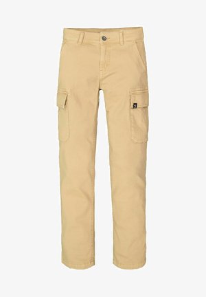 Khaki Cargo-Hosen aus strapazierfähiger Baumwolle, mit mehreren Seitentaschen, geradem Beinschnitt und Knopfverschluss am Bund.